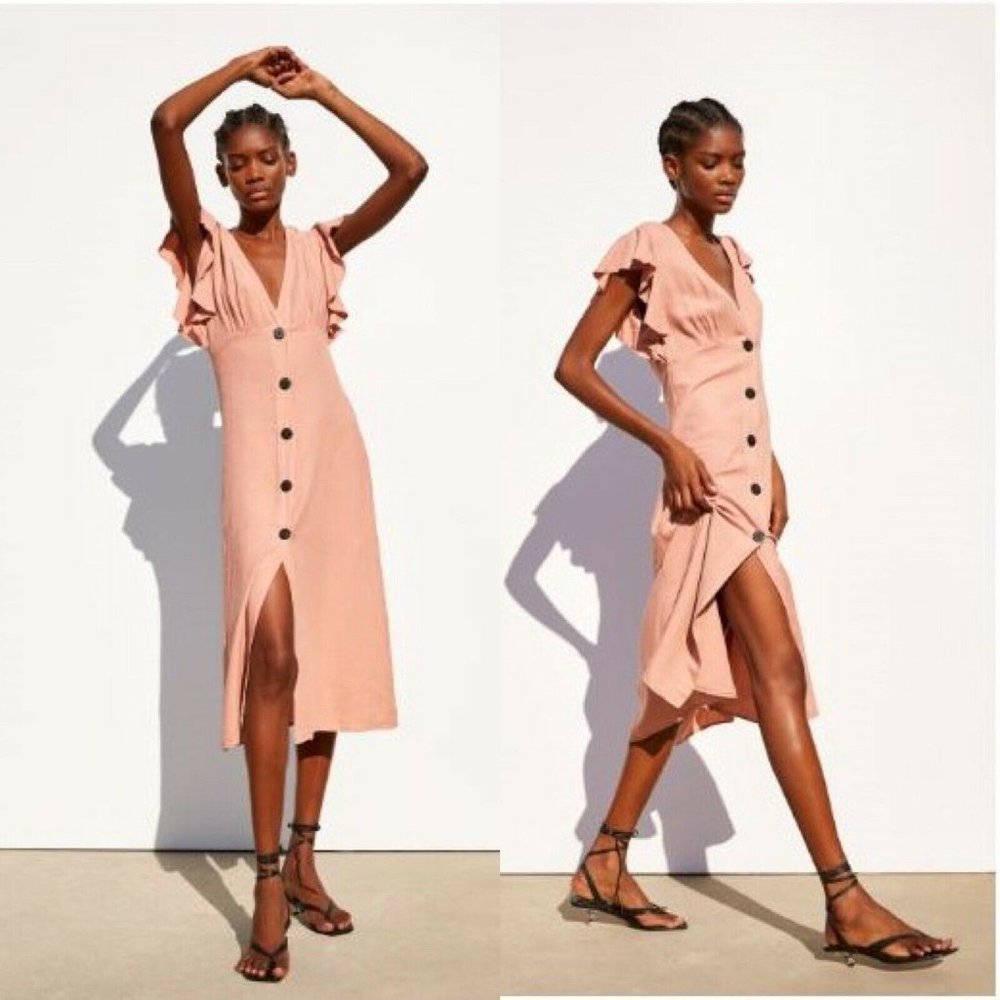 Zara Midi Rustic Linen Dress With Ruffle Trim